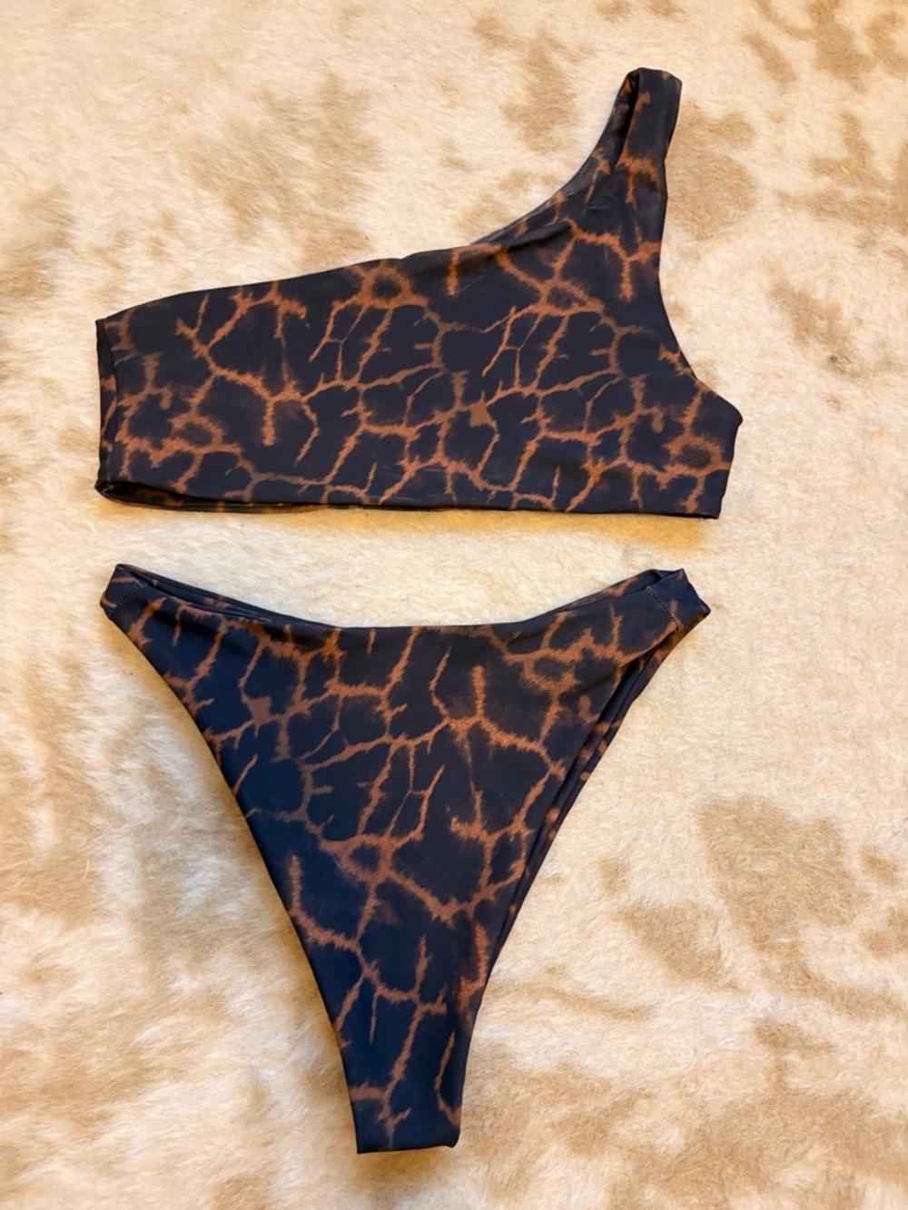 Skatie One-Shoulder Animal Print Bikini in Black and Brown